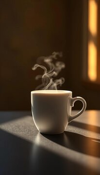 Steaming white coffee cup on dark background with morning sunlight glow, morning, routine