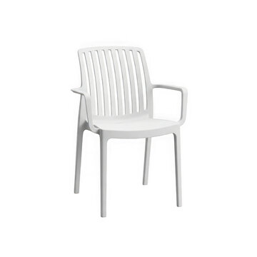 Modern white plastic chair with armrests for outdoor patio dining or garden seating area isolated on transparent background , PNG
