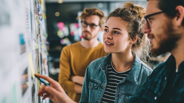 Team members actively engage in a collaborative evaluation of creative ideas, discussing visual content and providing feedback on a project board during a dynamic brainstorming session in a modern.