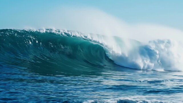 Powerful blue ocean wave curling and breaking in sequential motion. Dramatic surf barrel with spray and foam on calm sea for nature energy concept