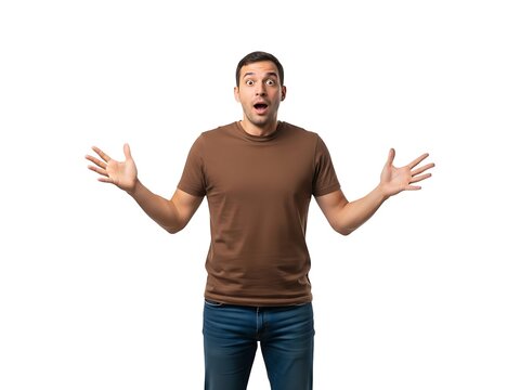 A young man in a brown shirt looking surprised with his hands raised wide