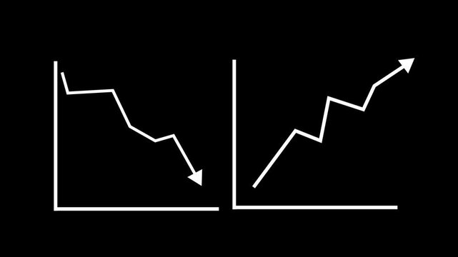 Simple with two white line charts one falling and one rising showing decline and growth animation