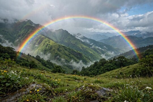 rainbow over the mountains Rainbow over green mountains after rain beautiful landscape with colorful rainbow