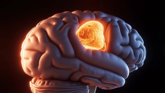 Close up 3D rendering of a glowing human brain highlighting the limbic system symbolizing thought memory and emotion