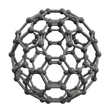 A grey carbon molecule shaped like a round ball with a geometric network structure design isolated on transparent background , PNG