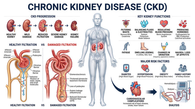 Comprehensive Medical Infographic of Chronic Kidney Disease Showing Progression Symptoms and Filtration Process
