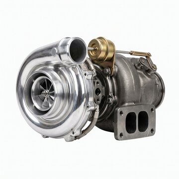 A shiny silver turbocharger with intricate fan blades, ready for performance. 
