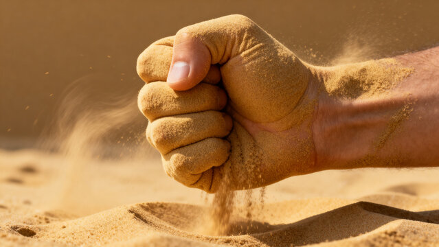 Human hand clenching sand in a fist, desert landscape concept of time and power.