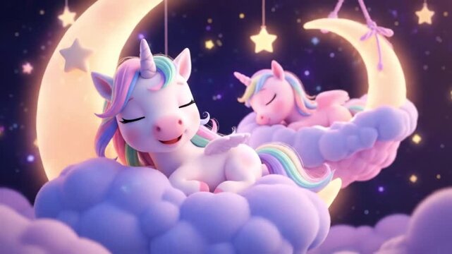 Cute cartoon unicorn sleeping peacefully on a cloud under a starry night sky with moon and glowing stars