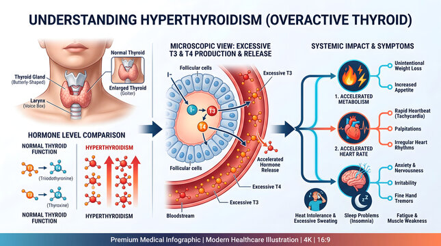 Illuminating Infographic Exploring Overactive Thyroid Conditions, Hormone Regulation, Cellular Processes, and Their Diverse Impacts on Metabolism and Overall Health