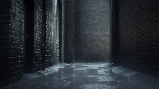 Dark Alleyway in Heavy Rain Wet Pavement Brick Walls Moody Atmosphere Urban Gloom
