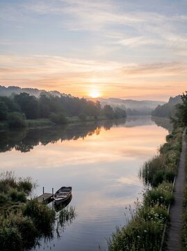 Serene River Sunrise with Boats and Misty Hills.