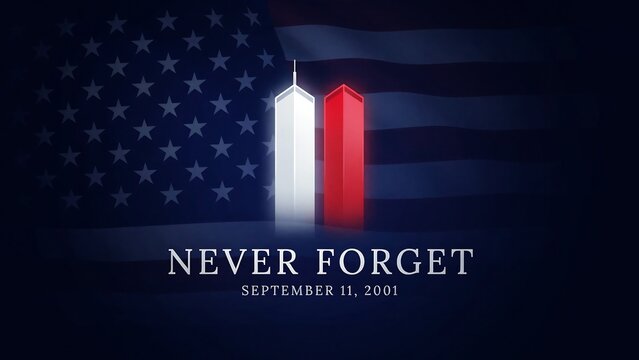 September 11 memorial graphic showing twin towers in white and red neon light style against dark blue american flag background for remembrance day poster design.