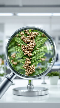 Magnifying glass viewing fern spores showing ways plants reproduce in a laboratory setting
