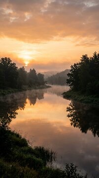 Serene Sunrise Over Misty River Reflecting Golden Sky and Lush Forest.