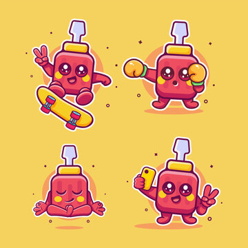 funny screwdriver characters vector illustration set featuring skateboarding kickflip trick, boxing sport, yoga meditation, and taking a selfie.