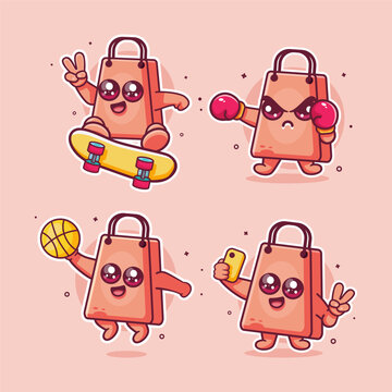 Cute shopping bag characters vector illustration set featuring skateboarding kickflip, boxing pose, playing basketball, and taking a selfie.
