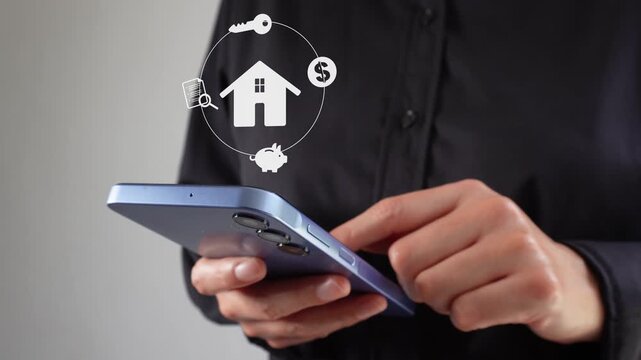 Female corporate leader using her cell phone with an animated house icon surrounded by a circle containing icons representing finances, keys, a piggy bank, and a legal document. 