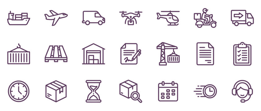 Comprehensive freight transportation icon set featuring logistics delivery shipping supply chain and warehouse management symbols for business