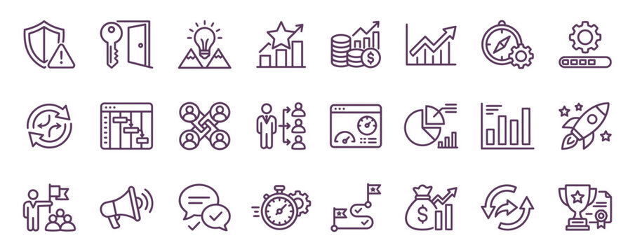 Professional business line art icons featuring a comprehensive strategic planning icon set for corporate growth and development