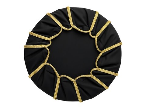 A circular black fitness rebounder mat with yellow elastic bungee cords