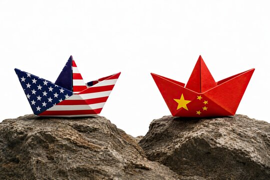 Paper boats with usa and china flags resting on top of two rocks