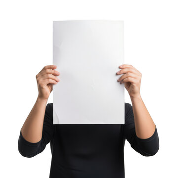 Person holding a blank white paper sheet in front of face isolated on transparent background