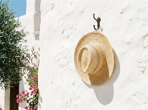 Straw Hat Hanging on White Textured Wall with Greenery and Flowers.