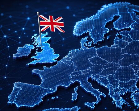 Digital map of Europe with United Kingdom flag and glowing network lines