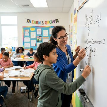 Teacher and student working together on math problems at a whiteboard in a classroom.