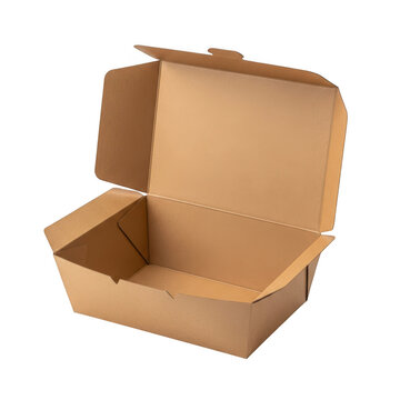 Open empty brown cardboard food box for takeaway isolated on transparent background