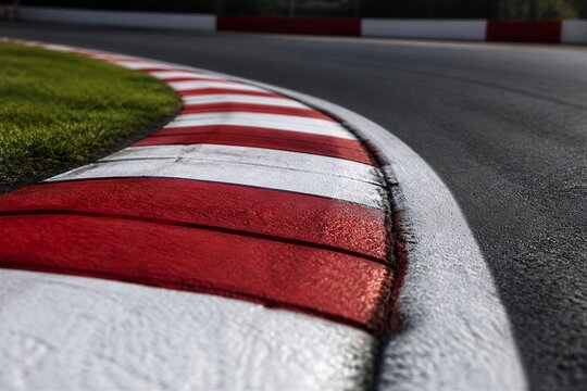 Race track curbstone sloping at asphalt corner turn