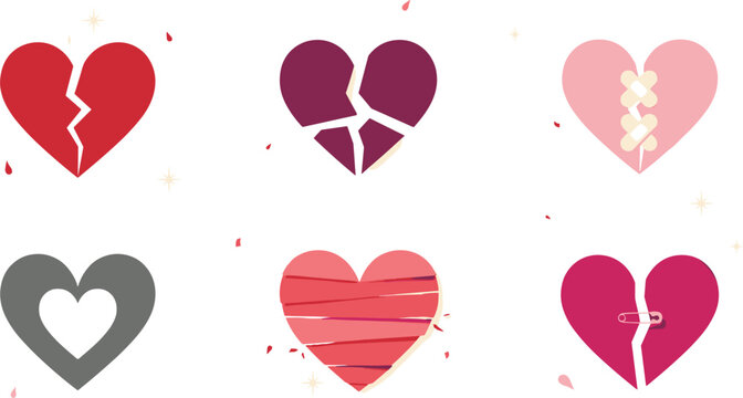 Broken Heart Vector Icon Set featuring Cracked Hearts, Bandaged Healing Symbols, Fixed Safety Pins, and Heartbreak Concepts for Relationship Emotional Graphic Designs