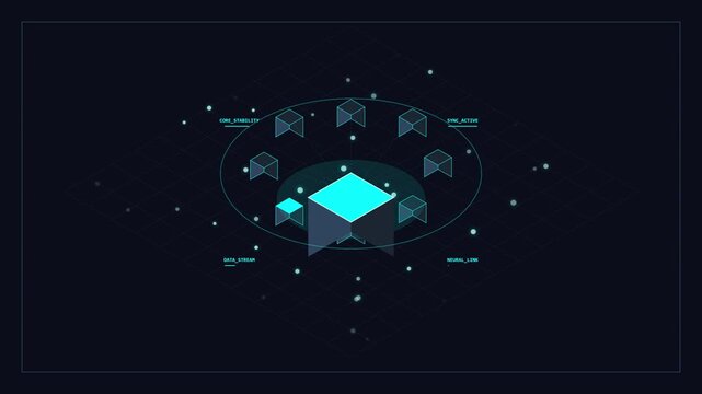 Isometric Sci Fi Data Node Interface with Central Glowing Cyan Cube and Floating Particles