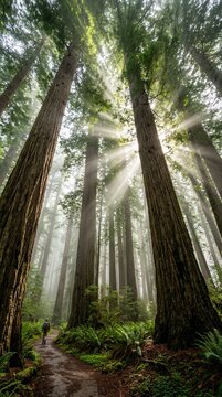 Sunlight beams through tall redwood trees in a misty forest.
