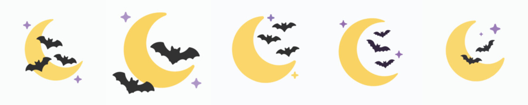 Crescent moon vector icon with several small bats flying around it. Halloween theme. Vektor, illustration, minimalist, flat, icon, icon set