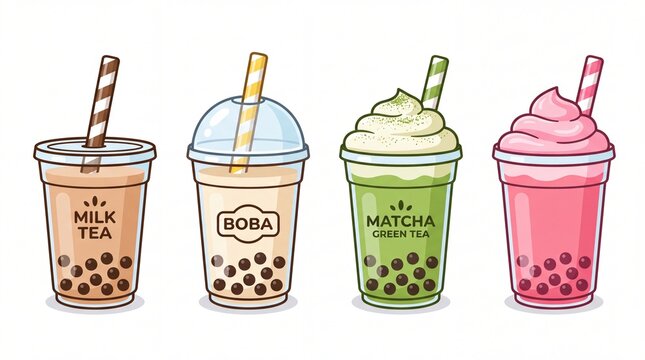 Set of four colorful boba milk tea drinks in plastic cups with straws and tapioca pearls