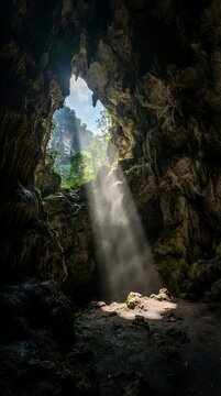 Sunlight streaming through cave opening illuminating the dark interior.