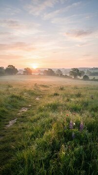 Sunrise over a misty green field with trees in the distance.