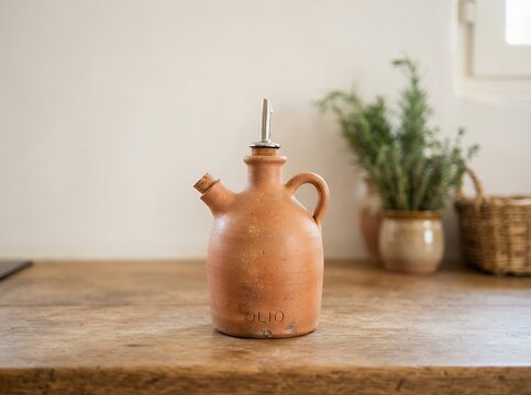 Terracotta Olive Oil Bottle with Herbs and Basket.