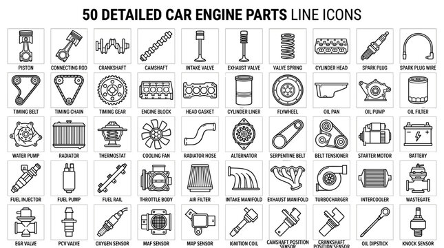 Set of fifty detailed line icons representing essential car engine parts and automotive mechanical components for repair