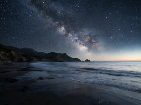 Vast Milky Way Galaxy Over Calm Ocean and Rocky Shoreline at Night.