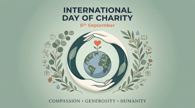 Hands cradling earth with heart shaped leaf international day of charity illustration