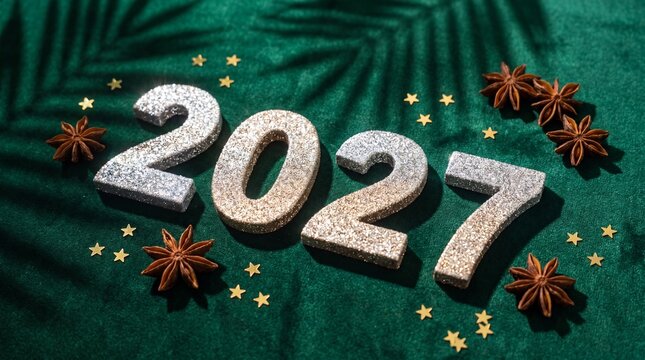 Silver glitter numbers on green velvet with star confetti