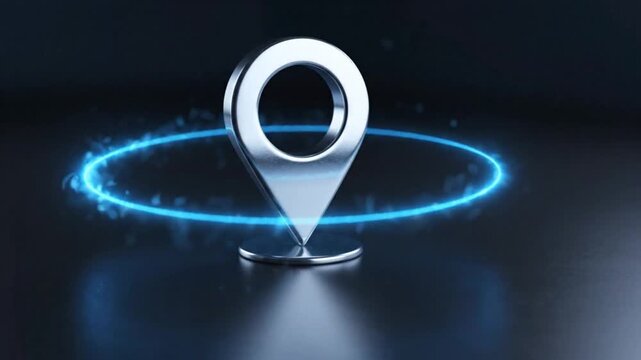 Chrome Location Pin with Glowing Blue Orbit Light Particle Animation