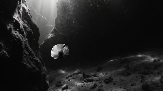Mysterious Underwater Scene: Black and White Depiction of a Flatworm Swimming in a Sunlit Submarine Cave