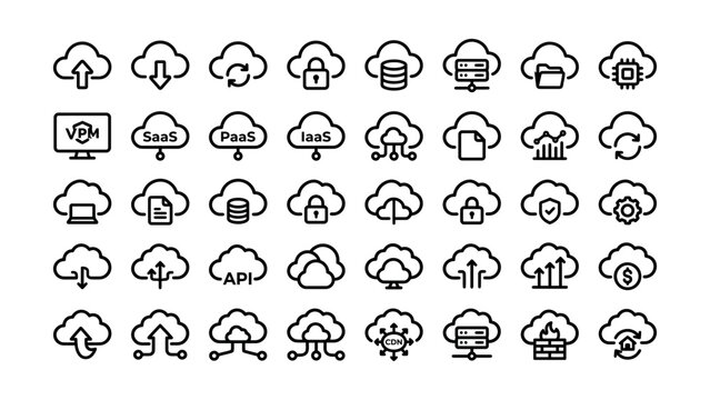 Collection of various cloud computing and data storage icons set transparent background