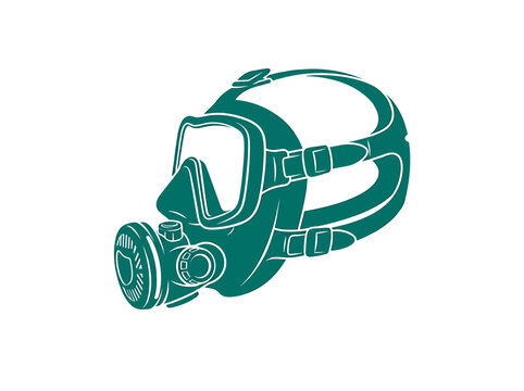 A stylized green vector illustration of a full face respiratory protective mask.
