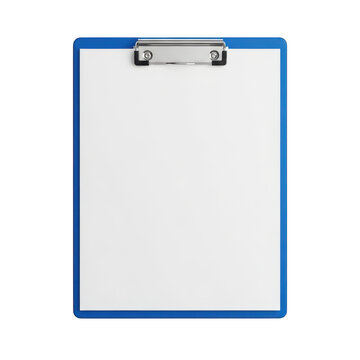 Blue plastic clipboard with blank white paper sheet isolated on transparent background