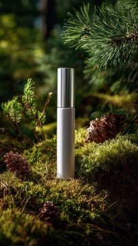 Elegant mascara packaging mockup displayed on green forest moss with pine branches and cones, ideal for natural beauty and cosmetic branding.
